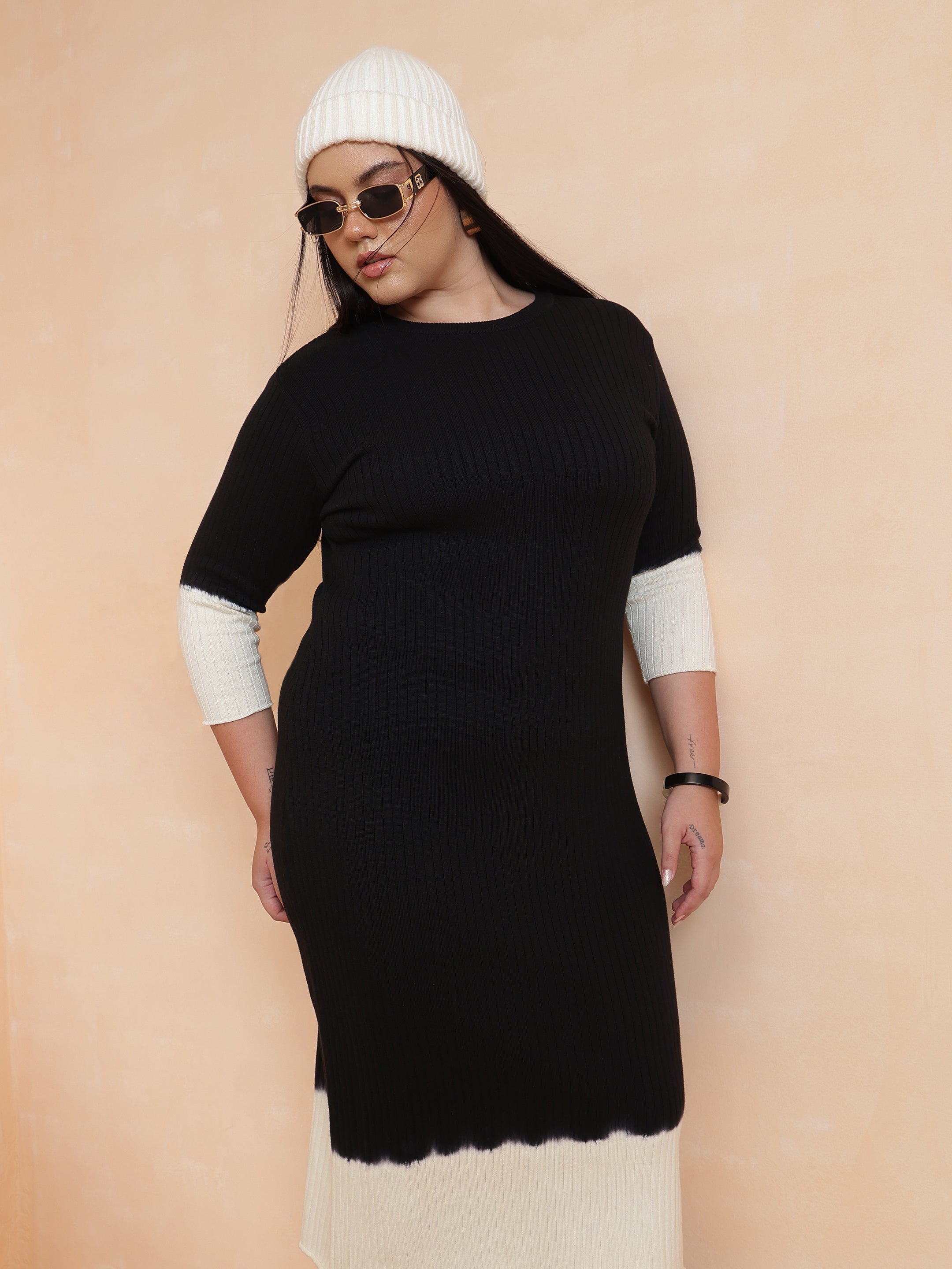 DesiQlo Black & White Knit Round Neck Midi Dress - Black