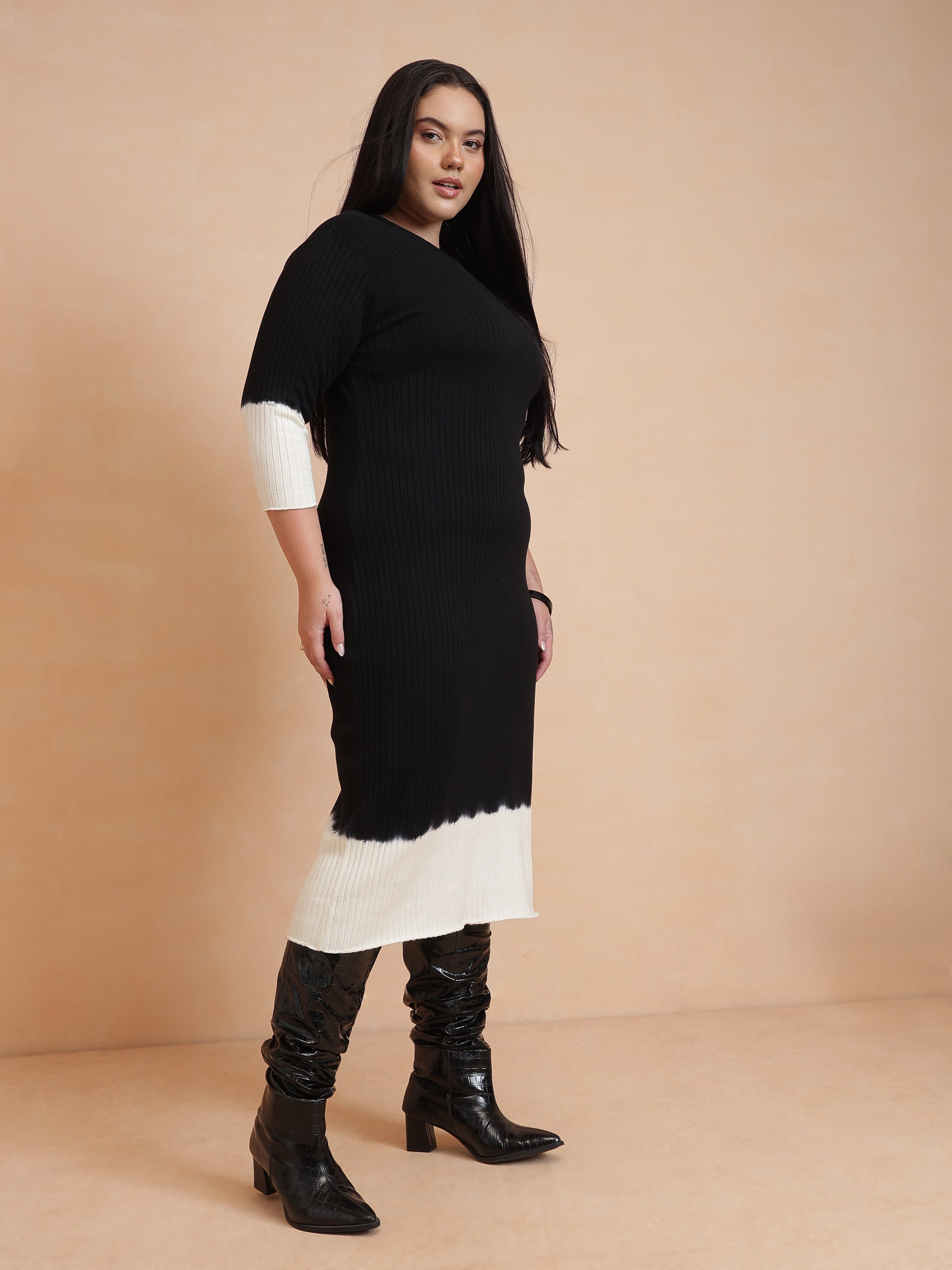 DesiQlo Black & White Knit Round Neck Midi Dress - Black