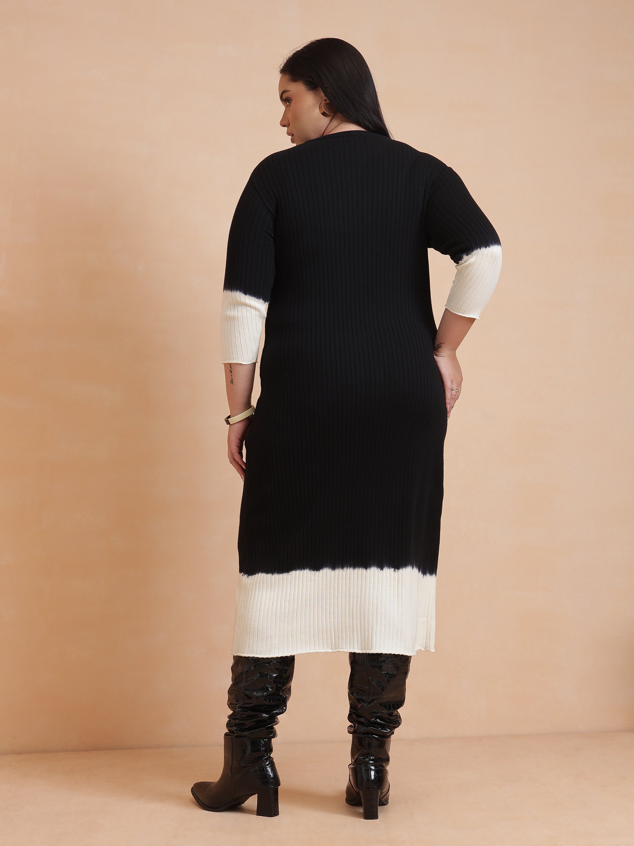 DesiQlo Black & White Knit Round Neck Midi Dress - Black