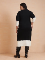 Women Black & White Knit Round Neck Midi Dress