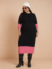 Women Black & Pink Knit Round Neck Midi Dress