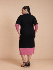 Women Black & Pink Knit Round Neck Midi Dress