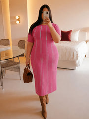 Women Pink & Grey Stripe Knit Short Sleeves Midi Dress