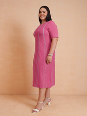Women Pink & Grey Stripe Knit Short Sleeves Midi Dress