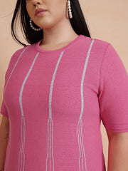 Women Pink & Grey Stripe Knit Short Sleeves Midi Dress