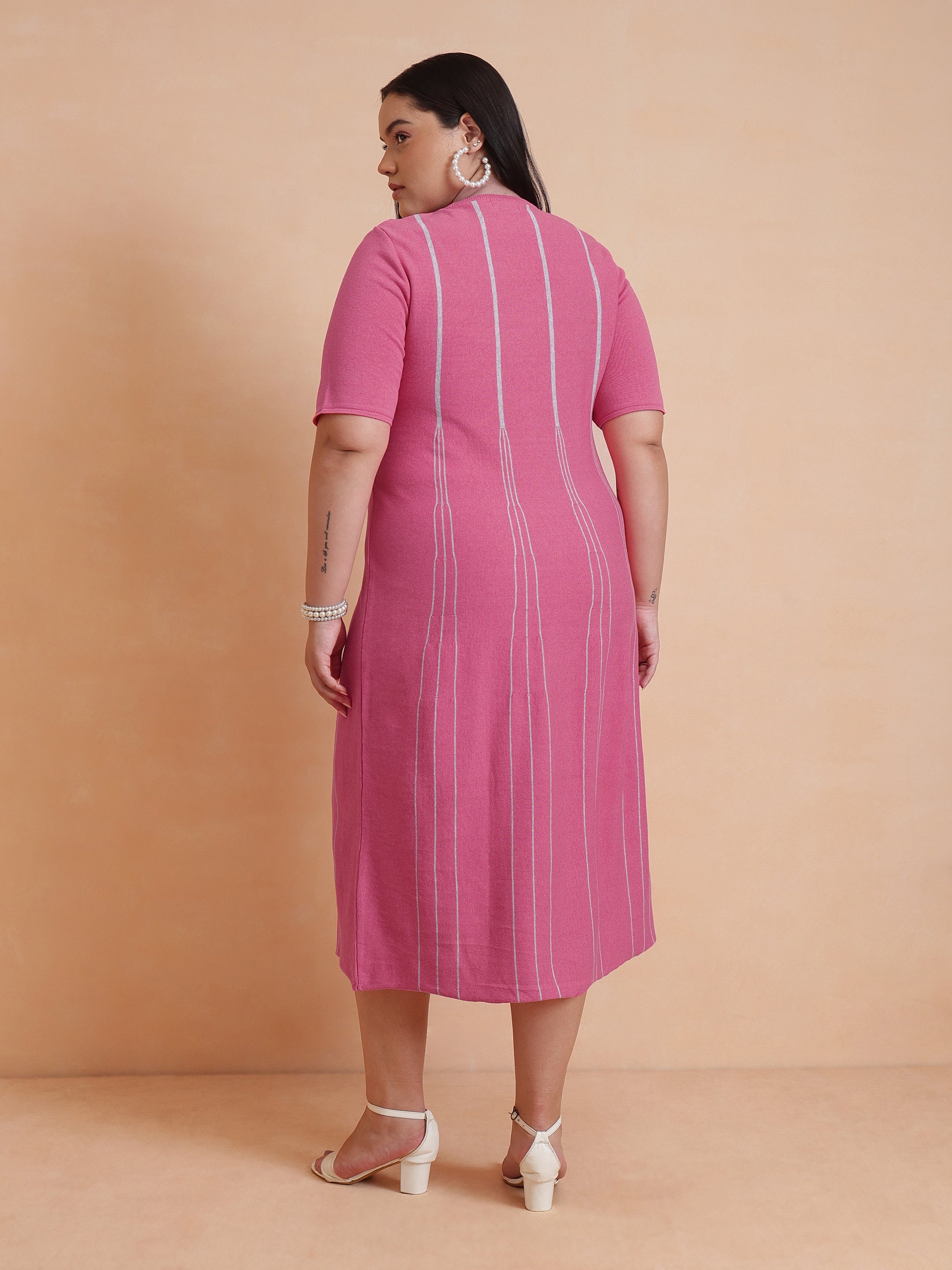 DesiQlo Pink & Grey Stripe Knit Short Sleeves Midi Dress - Pink