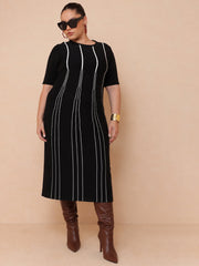 Women Black & White Stripe Knit Short Sleeves Midi Dress