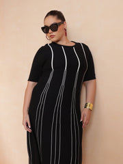 Women Black & White Stripe Knit Short Sleeves Midi Dress