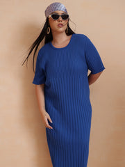 Women Blue Knit A-Line Midi Dress
