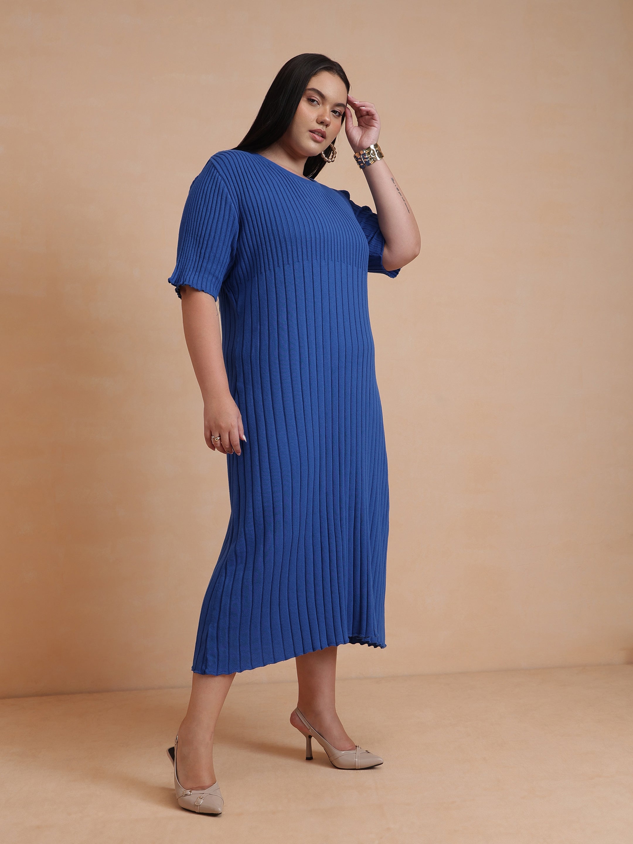 DesiQlo Blue Knit A-Line Midi Dress - Blue