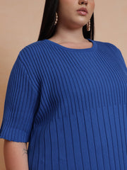 Women Blue Knit A-Line Midi Dress