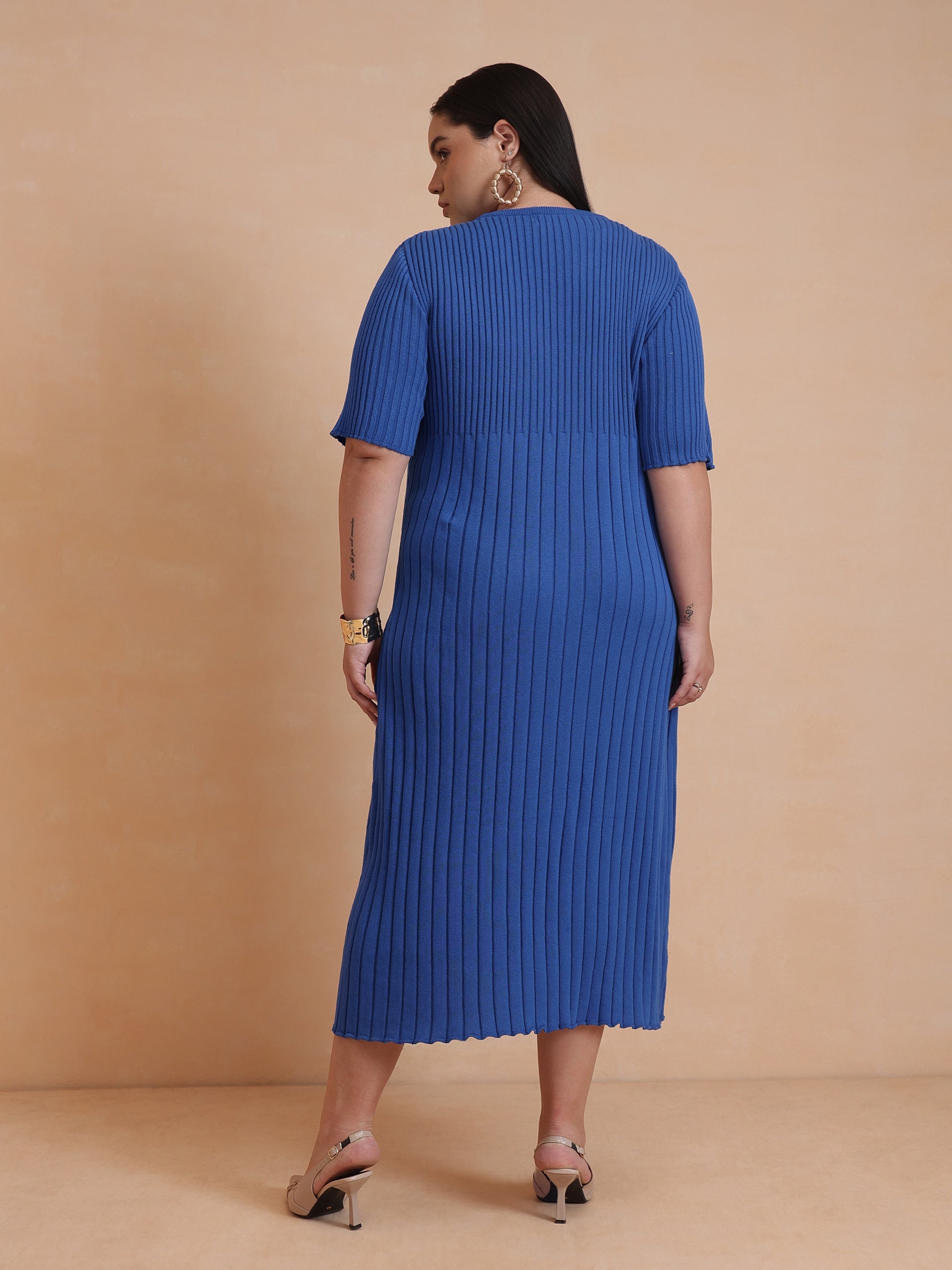 DesiQlo Blue Knit A-Line Midi Dress - Blue