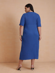 Women Blue Knit A-Line Midi Dress