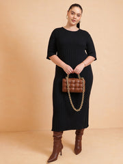Women Black Knit A-Line Midi Dress
