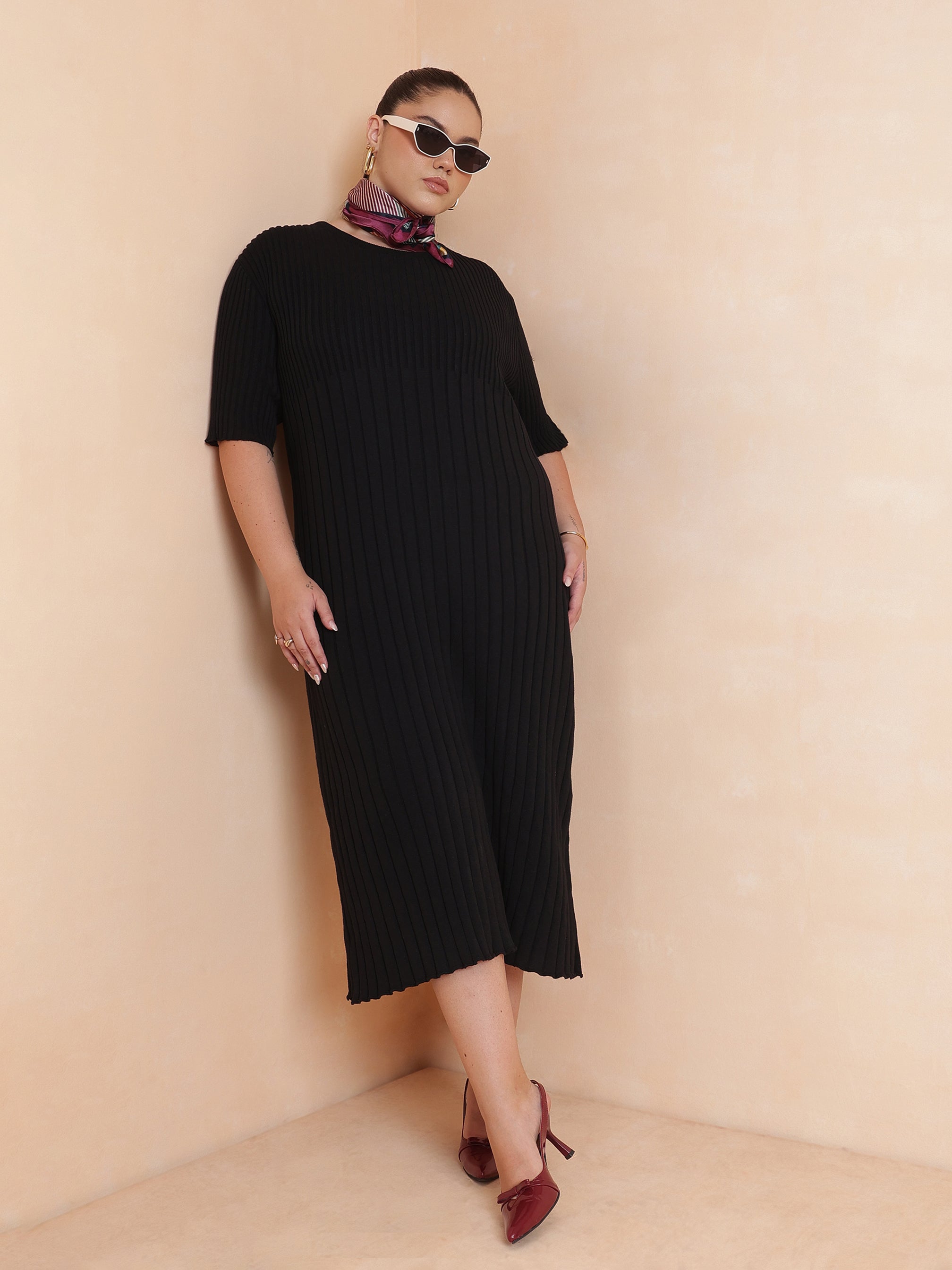 DesiQlo Black Knit A-Line Midi Dress - Black