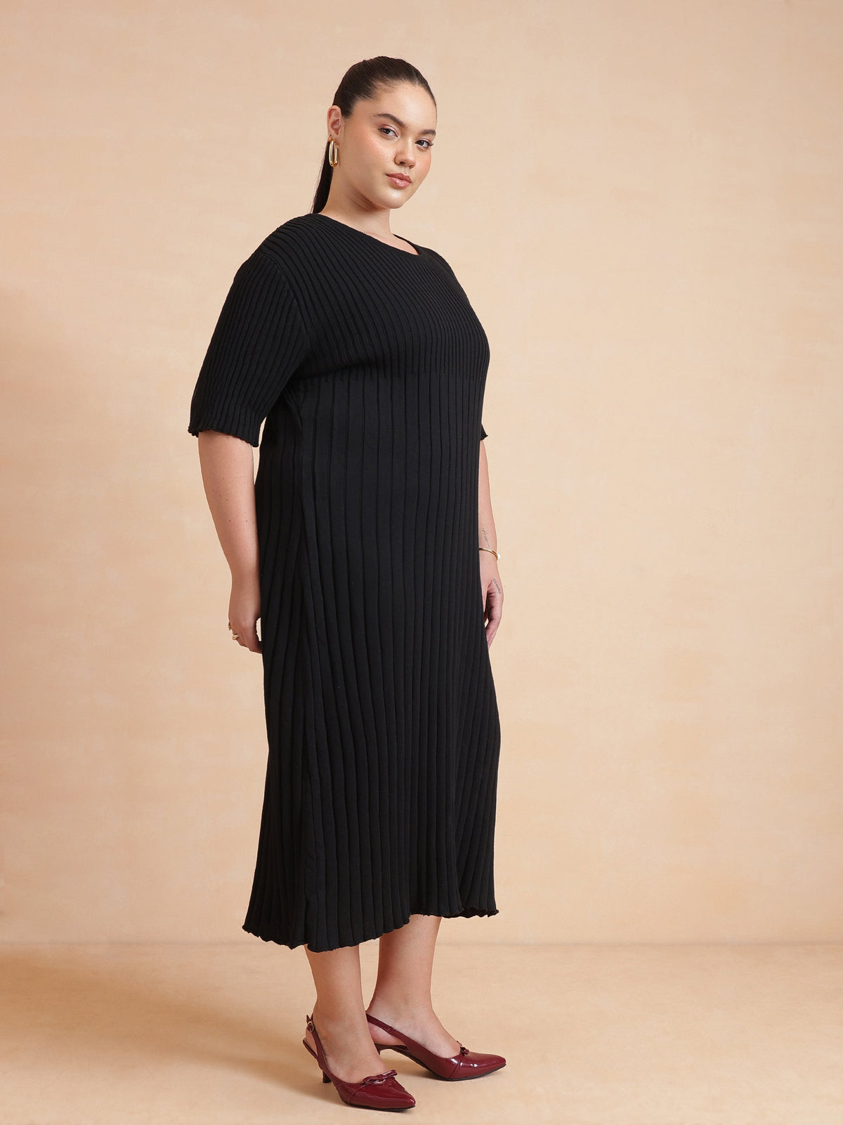 Women Black Knit A-Line Midi Dress