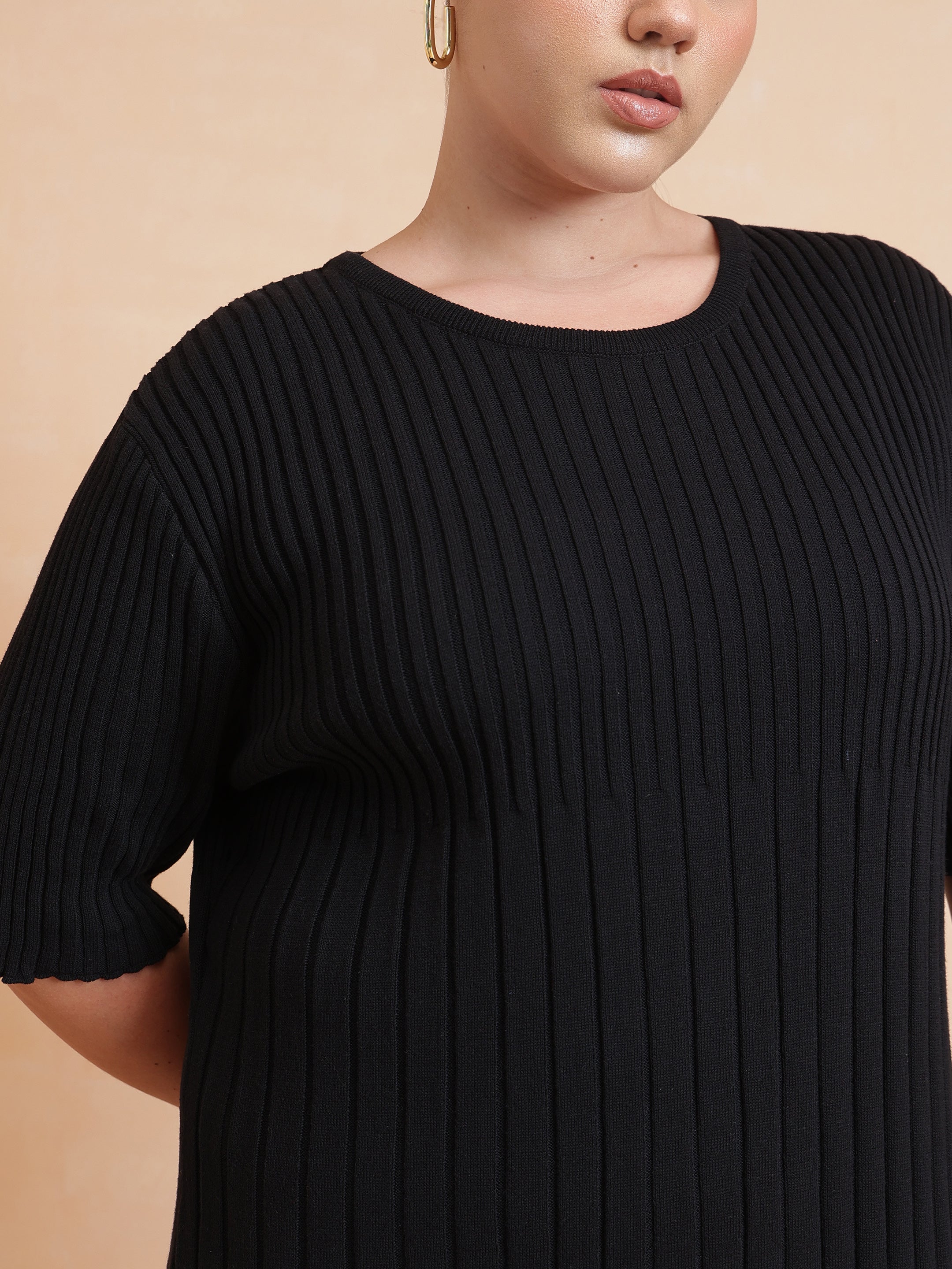DesiQlo Black Knit A-Line Midi Dress - Black