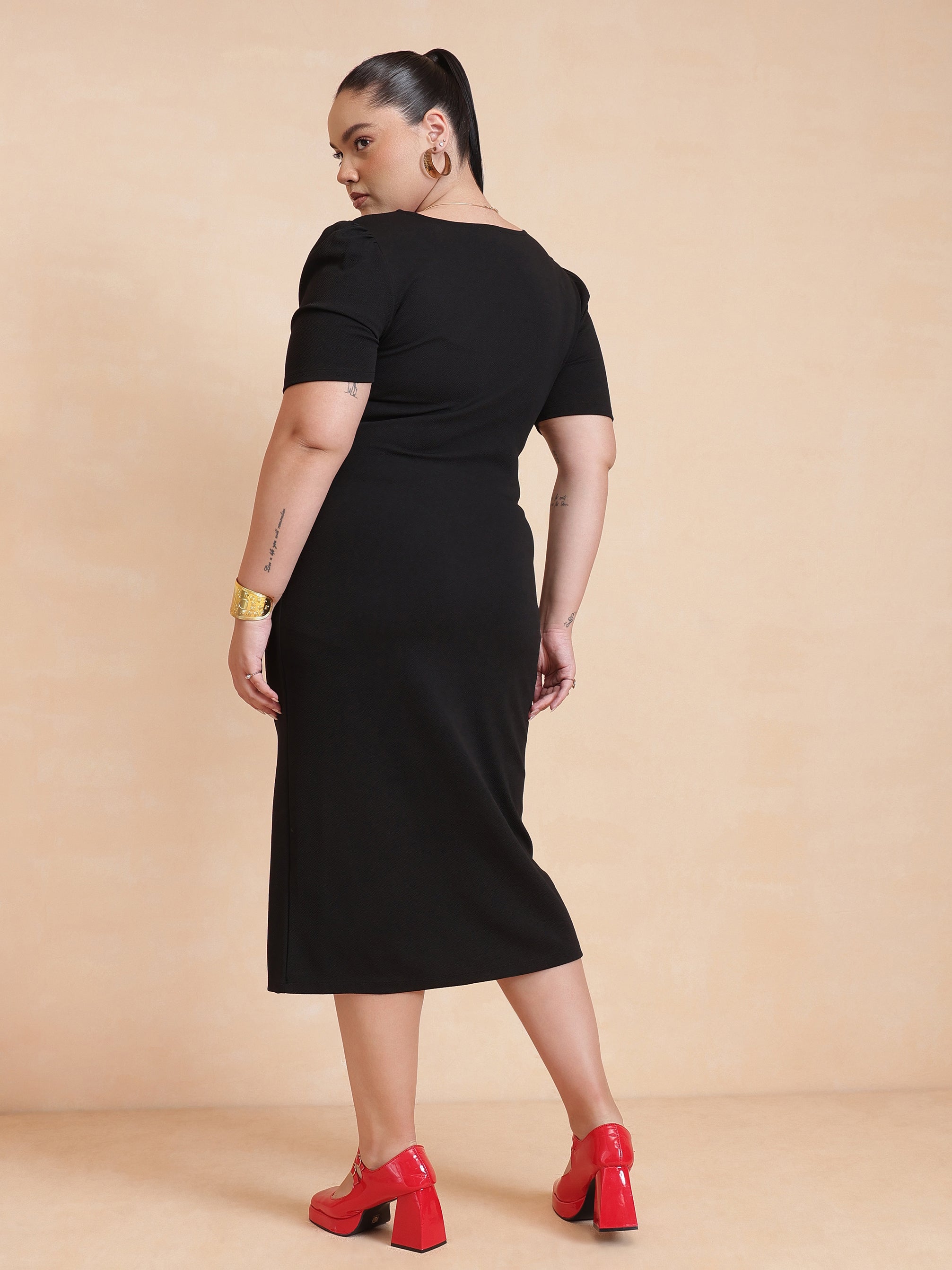 DesiQlo Black Side Button Bodycon Dress - Black