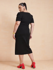 Women Black Side Button Bodycon Dress