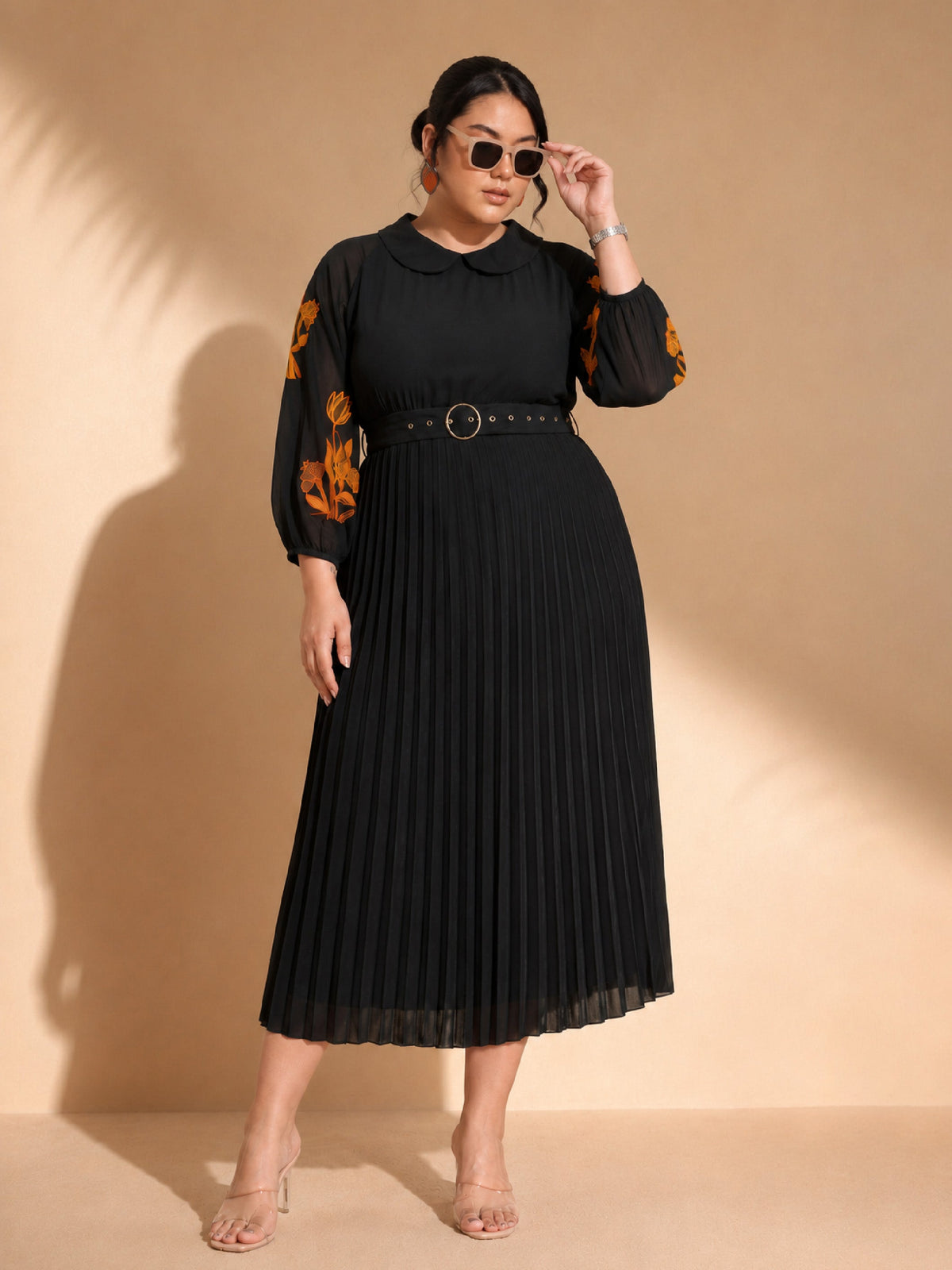 Women Black Embroidered PeterPan Pleated Midi Dress