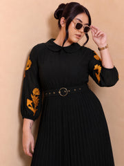 Women Black Embroidered PeterPan Pleated Midi Dress