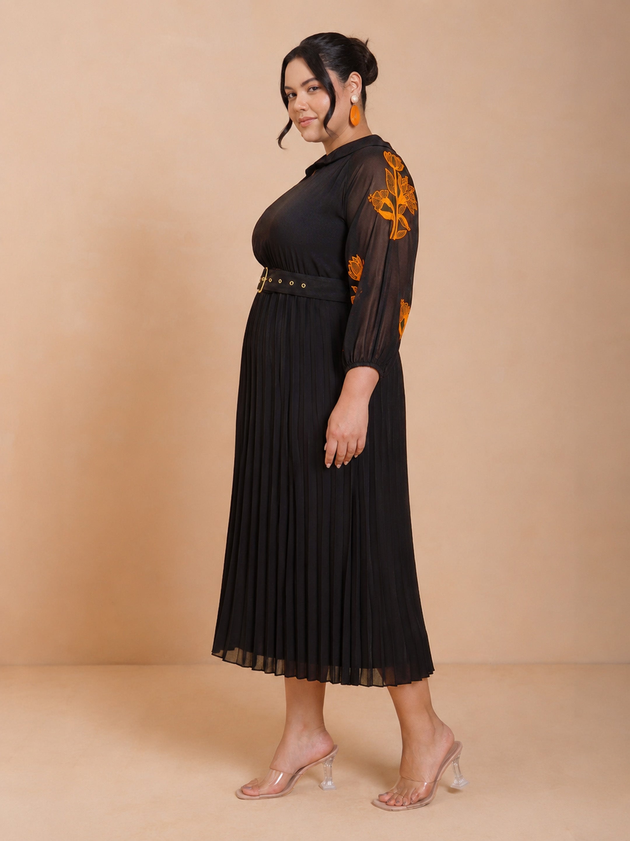 DesiQlo Black Embroidered PeterPan Pleated Midi Dress - Black