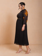 Women Black Embroidered PeterPan Pleated Midi Dress