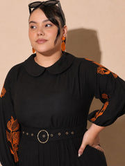 Women Black Embroidered PeterPan Pleated Midi Dress