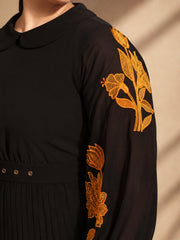 Women Black Embroidered PeterPan Pleated Midi Dress