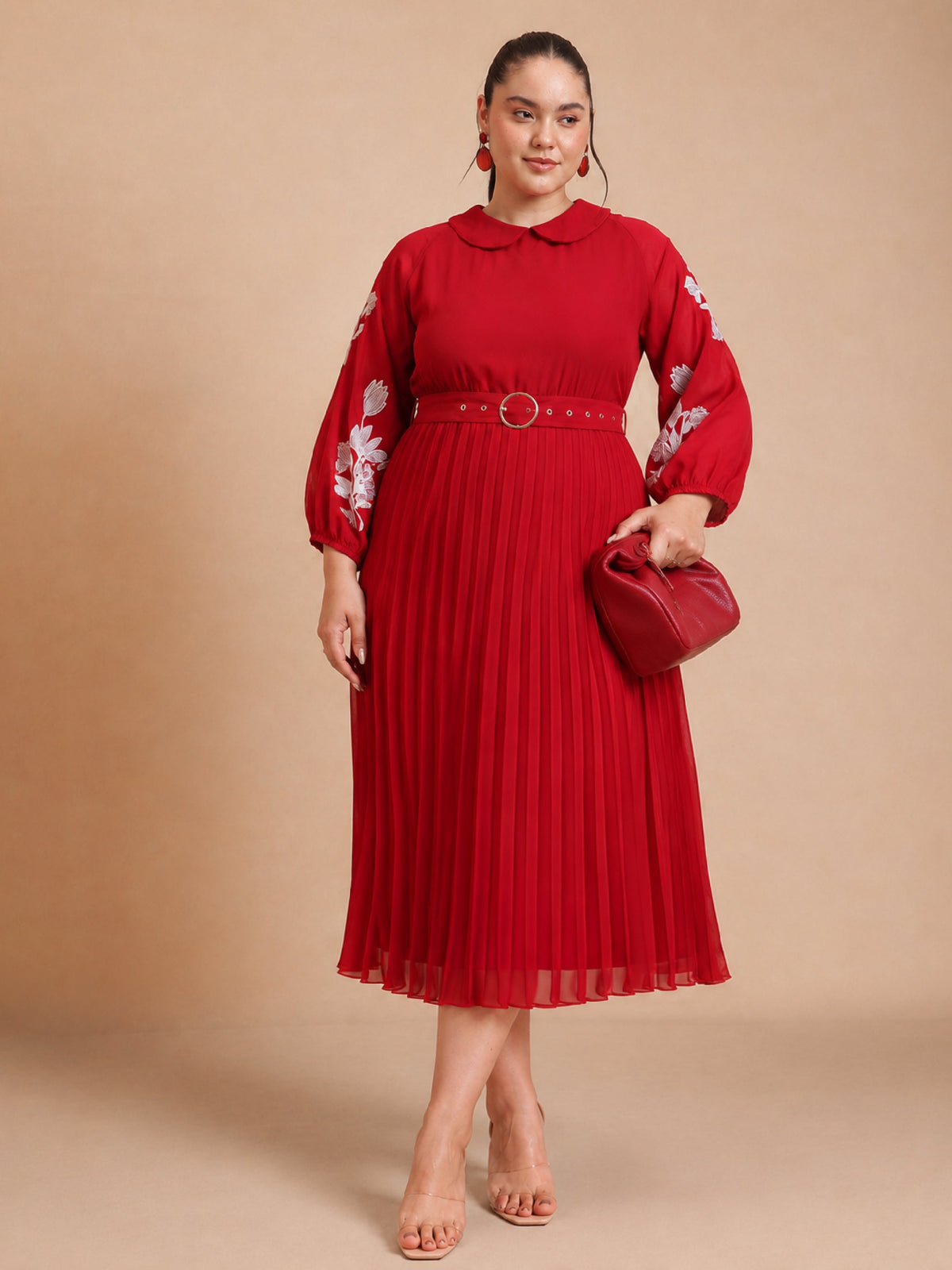 Women Red Embroidered PeterPan Pleated Midi Dress
