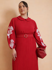 Women Red Embroidered PeterPan Pleated Midi Dress