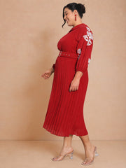 Women Red Embroidered PeterPan Pleated Midi Dress