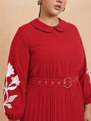 Women Red Embroidered PeterPan Pleated Midi Dress