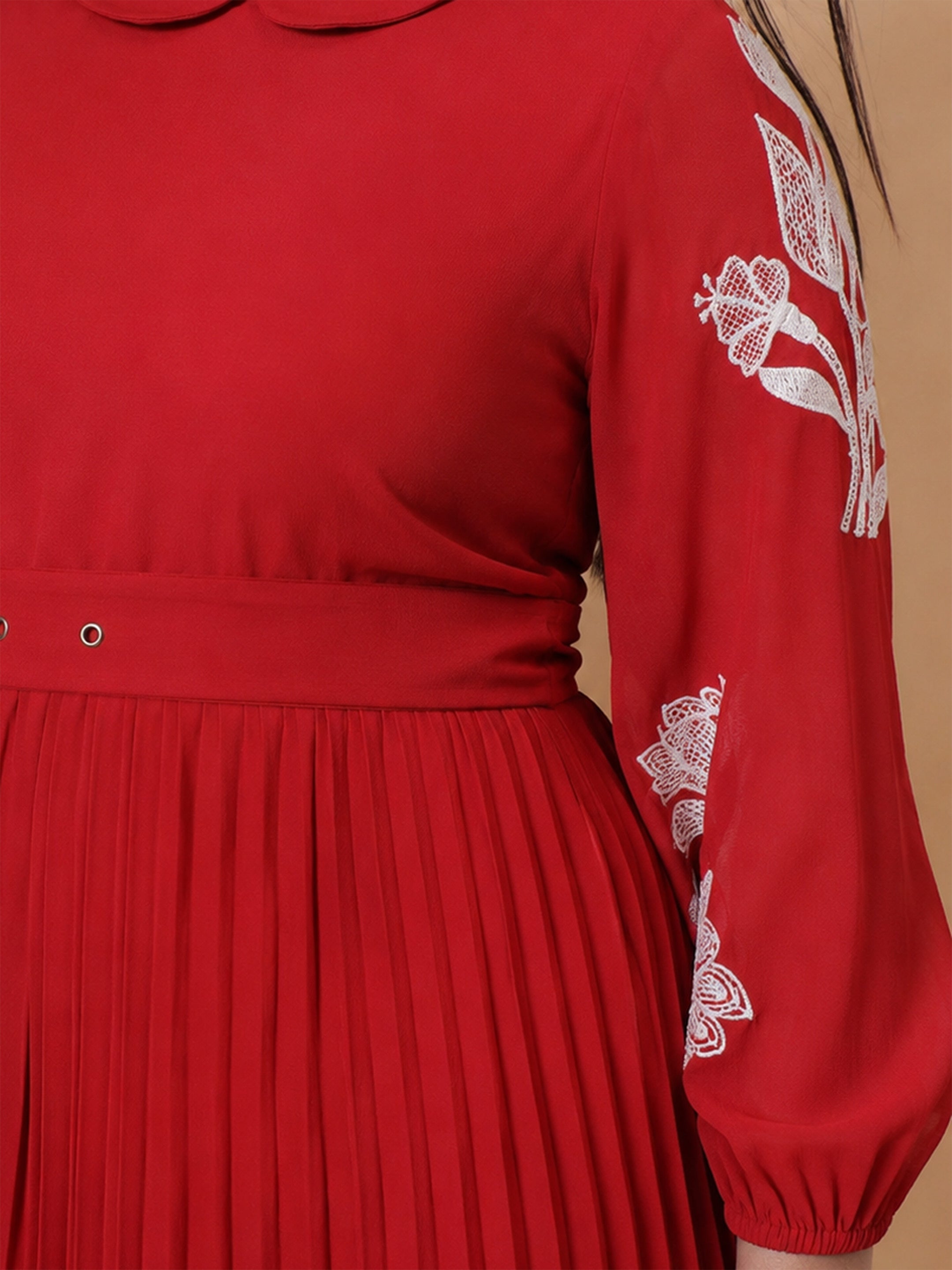 DesiQlo Red Embroidered PeterPan Pleated Midi Dress - Red