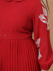 Women Red Embroidered PeterPan Pleated Midi Dress