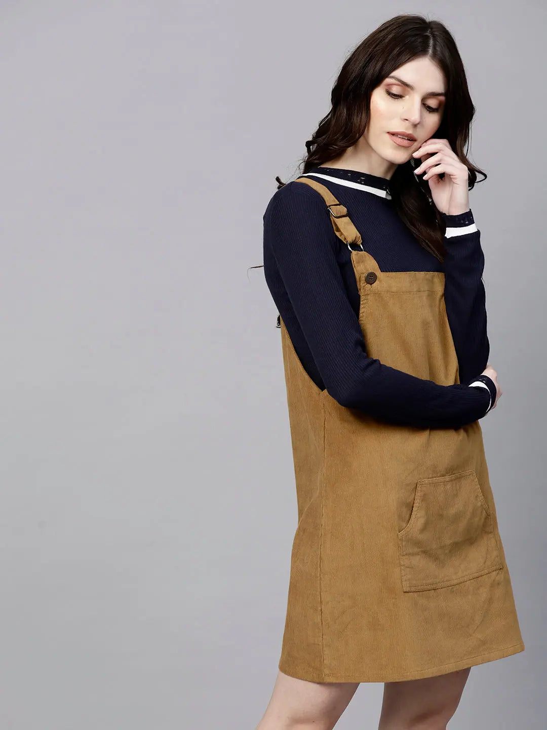 Brown Corduroy Pinafore - Kangaroo Pocket Comfort Fit
