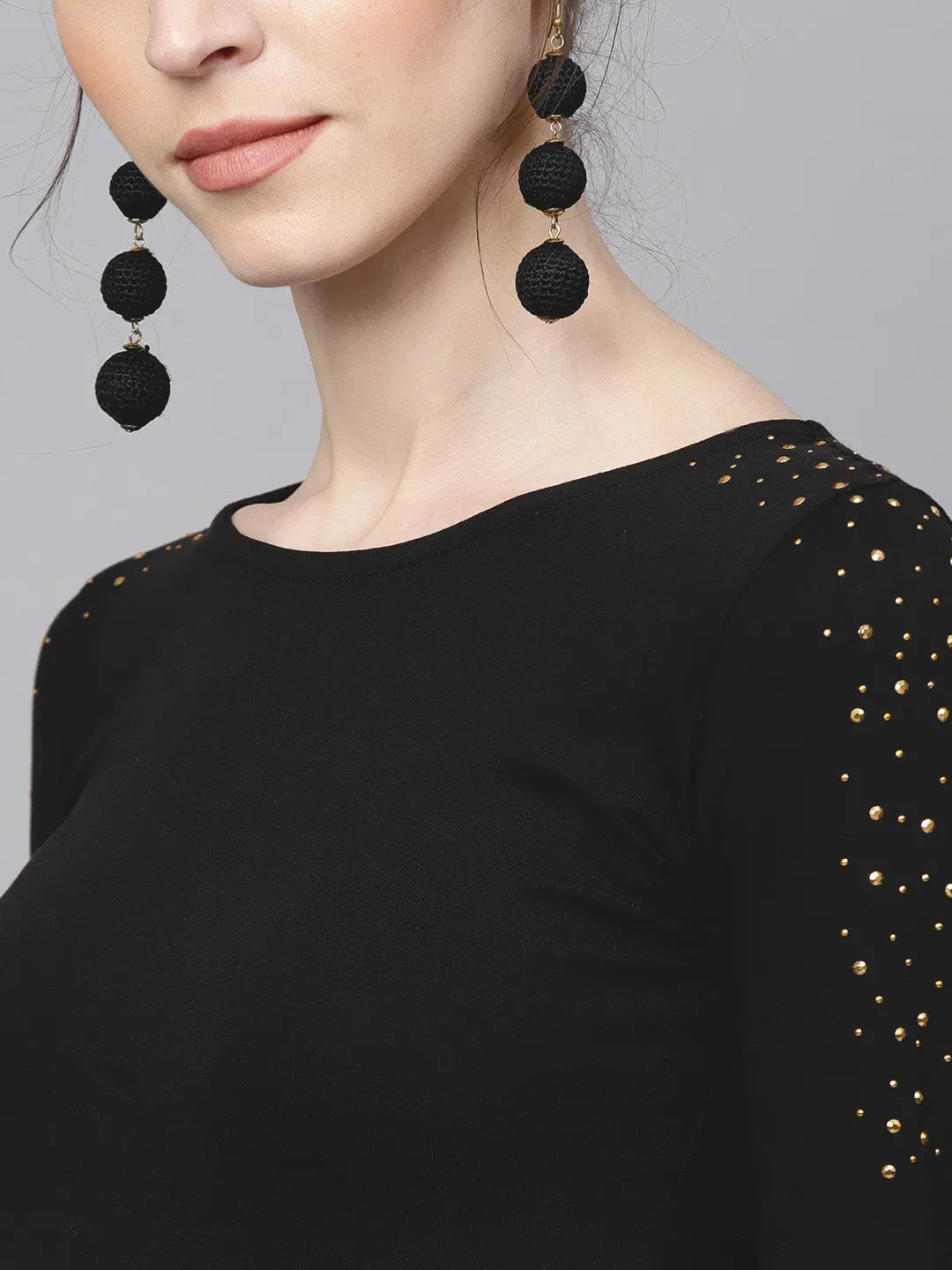 Black Studded Bodycon Dress - Midi Length Party Dress