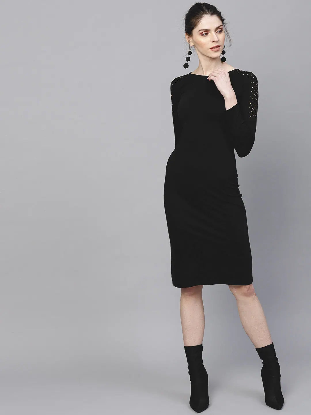 Black Studded Bodycon Dress - Midi Length Party Dress