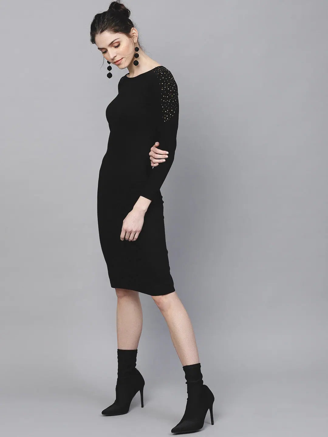 Black Studded Bodycon Dress - Midi Length Party Dress