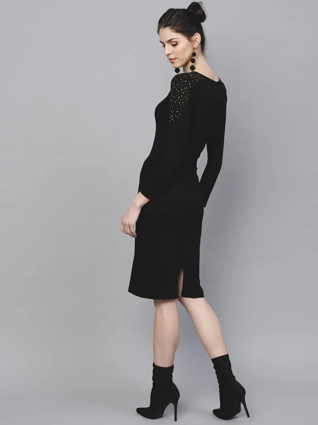 Black Studded Bodycon Dress - Midi Length Party Dress