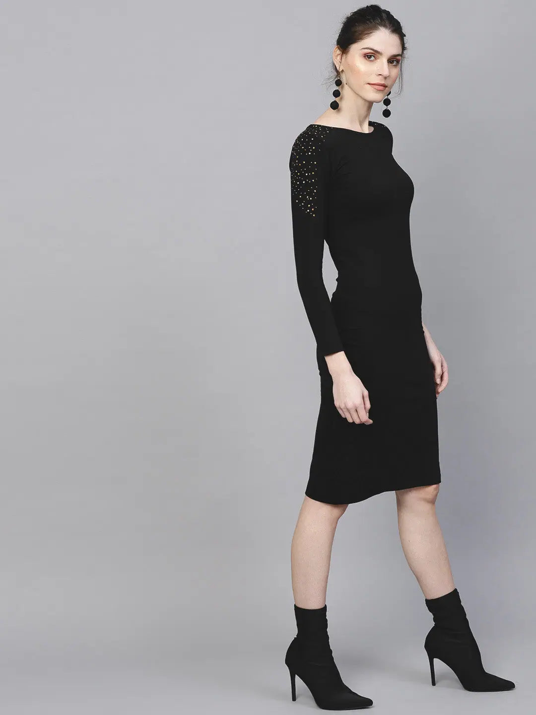 Black Studded Bodycon Dress - Midi Length Party Dress