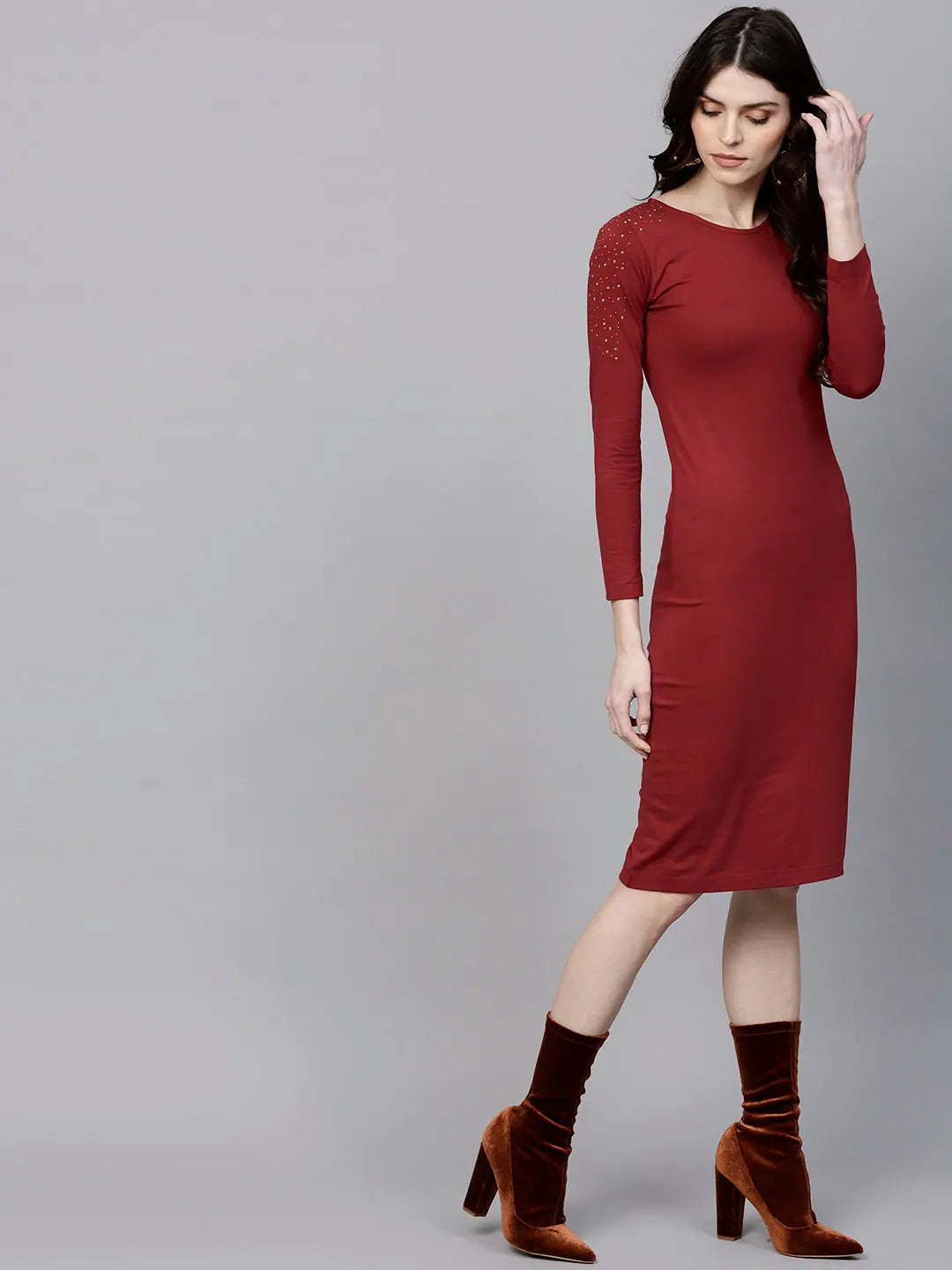 Maroon Studded Bodycon Dress - Midi Length Party Dress