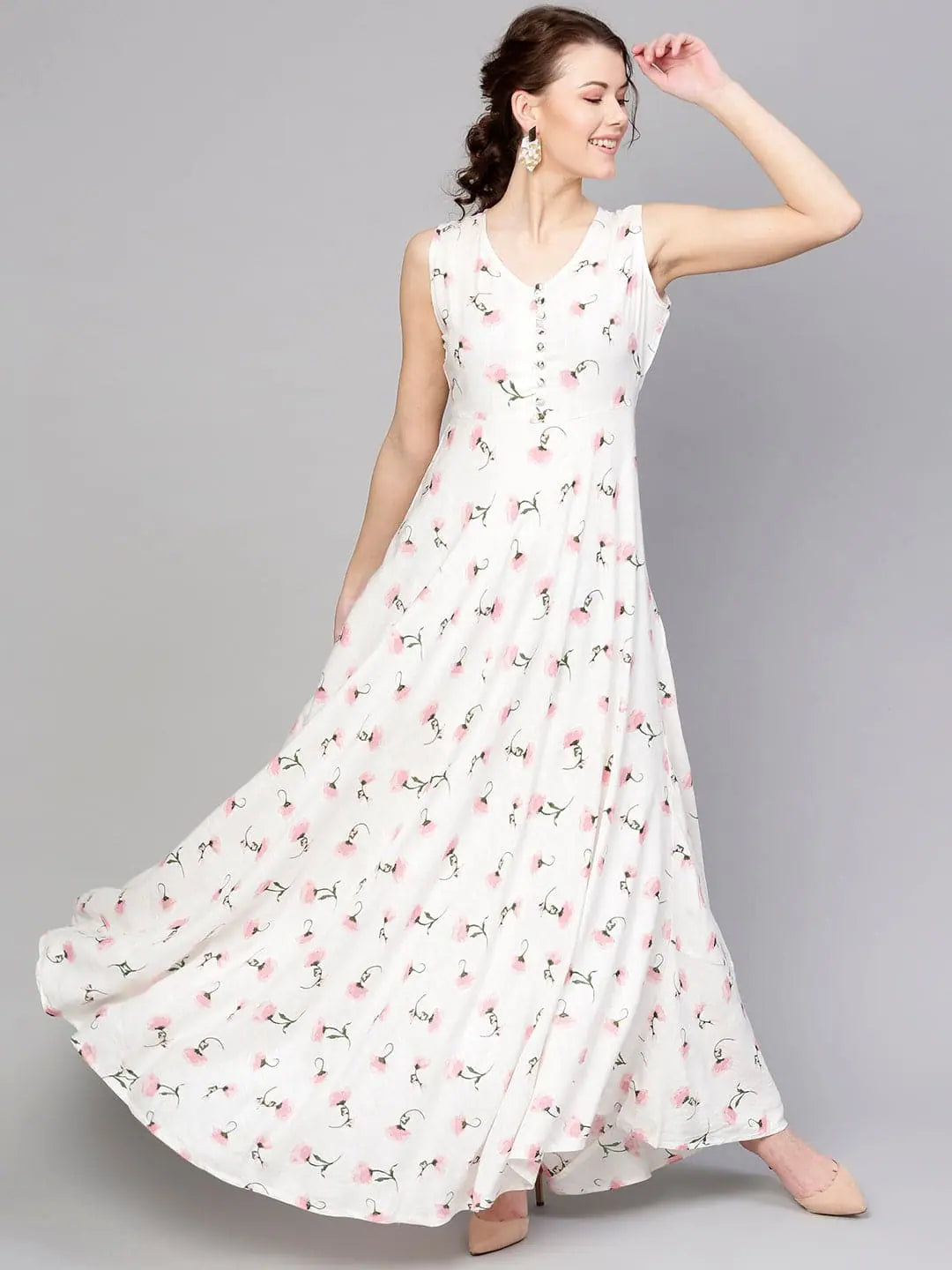 White Floral Maxi Dress | Sleeveless Flared Rayon Dress