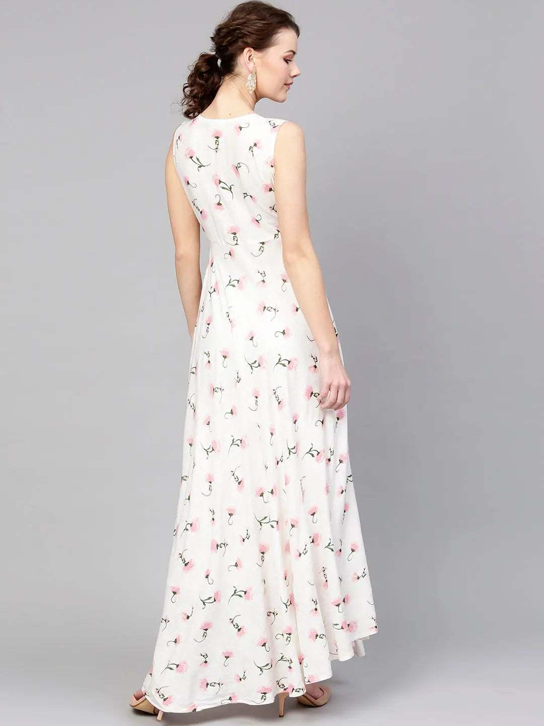 White Floral Maxi Dress | Sleeveless Flared Rayon Dress