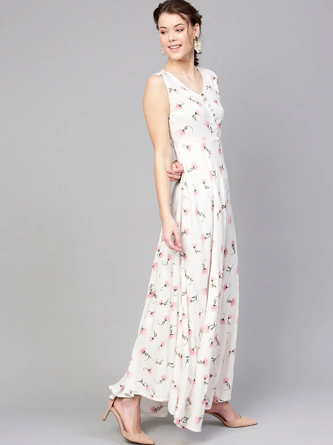 White Floral Maxi Dress | Sleeveless Flared Rayon Dress