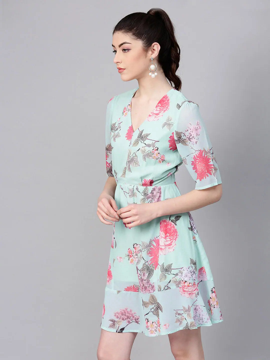 Floral Skater Dress - Aqua Frill Hem, Women's Lehenga Style