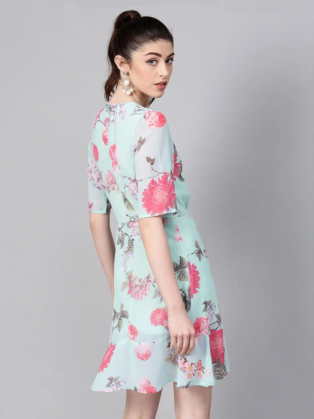 Floral Skater Dress - Aqua Frill Hem, Women's Lehenga Style