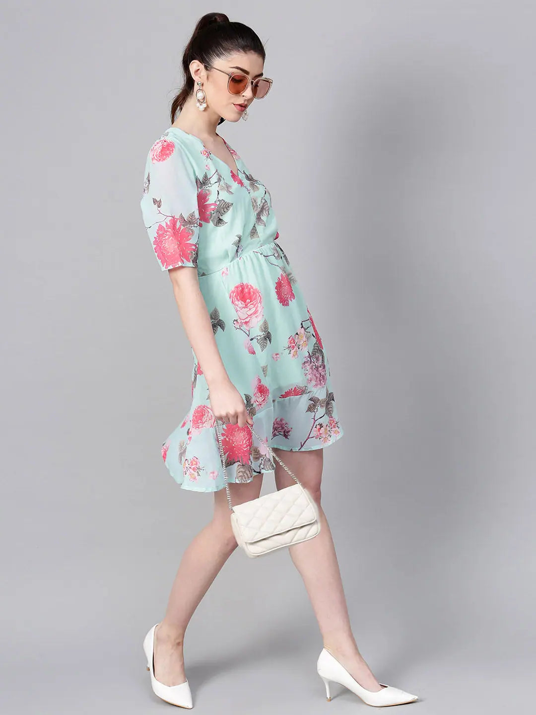 Floral Skater Dress - Aqua Frill Hem, Women's Lehenga Style