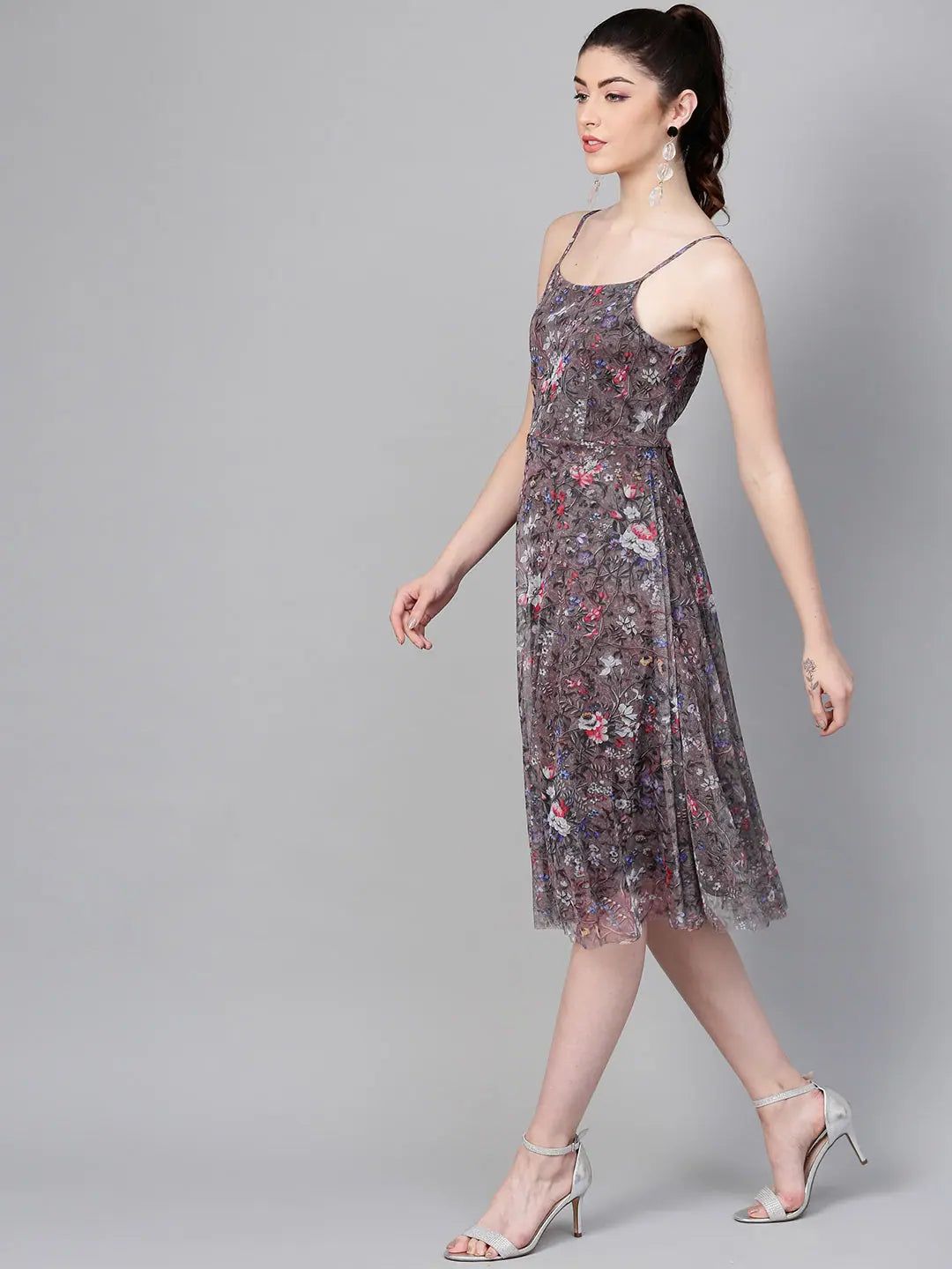 Brown Mesh Floral Midi - Alternative to Ethnic Lehenga for Women