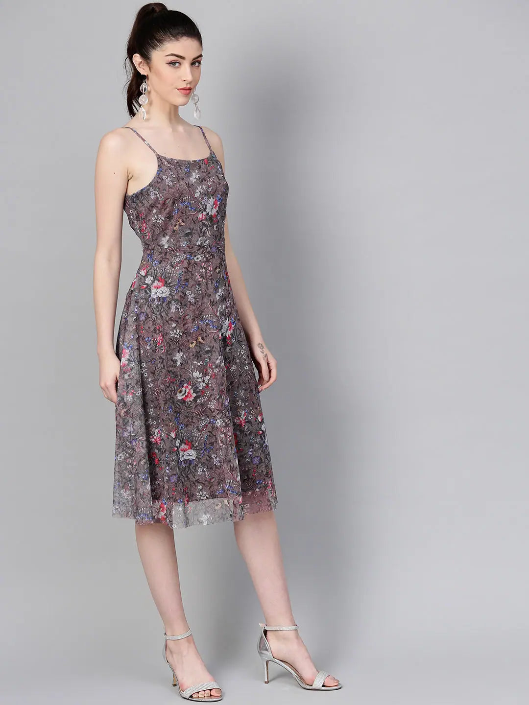 Brown Mesh Floral Midi - Alternative to Ethnic Lehenga for Women